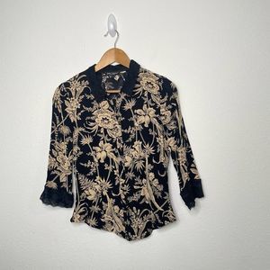 Vintage Betsey Johnson New York Black and Cream Floral Button Down Shirt